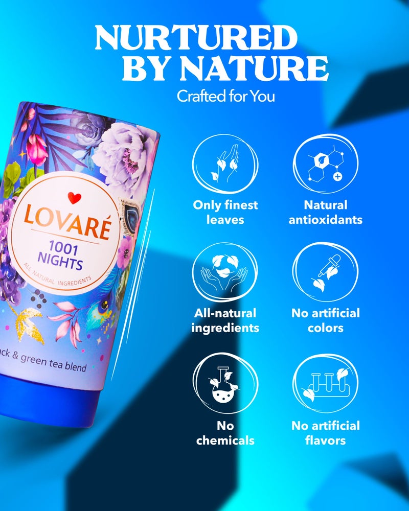 LOVARE 1001 Nights Loose Leaf Tea 80 g - Made in Ukraine - Black and Green Tea, Apple, Cornflower, Calendula, Rose, Safflower Petals, Rosebuds - Gift Box with 15 Paper Filters - Image 3
